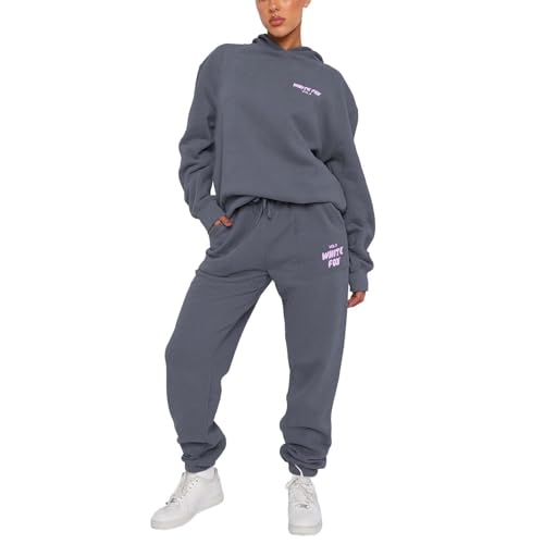 Joggingsanzug Damen, 2024 White Fox Damen Hausanzug mit Kapuze 2 Teile Herbst Buchstaben Druck Langarm Trainingsanzug Loose Trainingsanzug Freizeitanzug Kapuzenpullover Jogginghose für Damen Yoga Gym von Generic