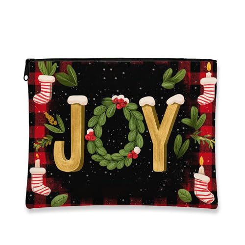 Joy Make-up-Tasche, schwarz, kariert, Weihnachts-Kosmetik-Reisetasche für Damen, tragbarer kleiner Reißverschluss-Organizer, Urlaubs-Hautpflege-Kulturbeutel, Schwarz, 7x9 Inch, Joy von Generic