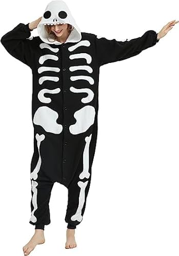 Joy Start Unisex Adult Onesie Pajamas, Plush Cosplay Animal One Piece Halloween Carnival Costume Sleepwear Homewear (Skeletons, Large) von Generic