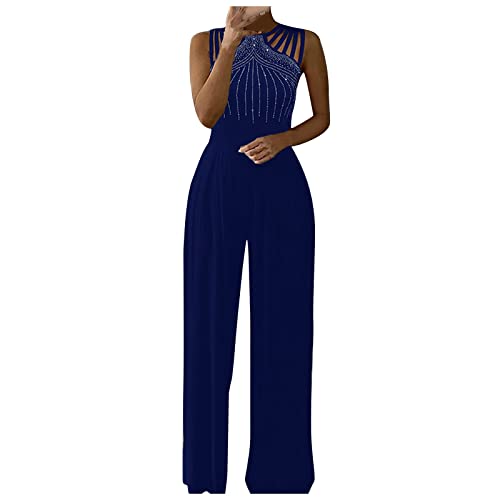 Jumpsuit 2023 Jumpsuit Damen Elegant Ärmellos Hosenanzug Sommer Jumpsuit Rundausschnitt Neckholder Overall Arbeitshose Sommer Lose Overall Retro Baggy Weste Jumpsuit blau 3XL von Generic