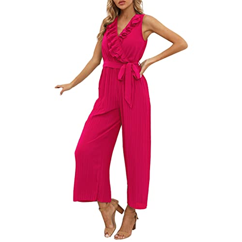 Jumpsuit Damen, Damen Ärmellose Overall Hosenanzug mit Gürtel Lang Jumpsuits V-Ausschnitt Chiffon Playsuit Cocktail Party Festlich Romper Frauen Elegant Strampler Loose Fit Spielanzug von Generic