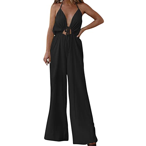 Jumpsuit Damen, Damen Jumpsuit Neckholder Schulterfrei Samt Overall Hosenanzug mit Tasche Loose Fit Rückenfrei Playsuit Einfarbig Elegant Cocktail Party Festlich Overalls Spielanzug von Generic