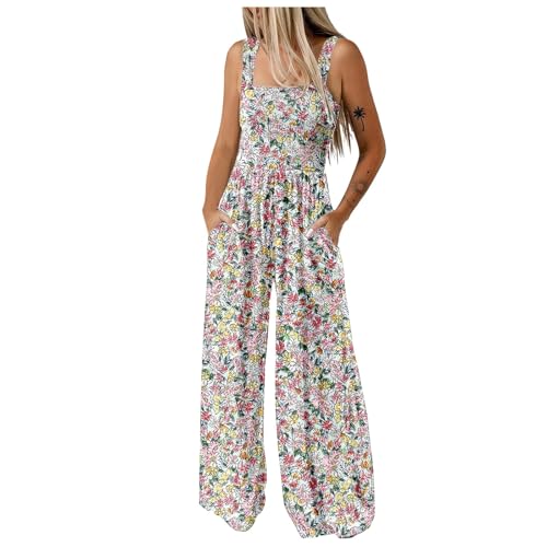 Jumpsuit Damen, Damen Jumpsuit Sommer Boho Blumen Bedruckt Lang Overall Riemen Weites Bein Latzhose Jumpsuits Rückenfrei Sommer Strampler Retro Overalls Arbeitslatzhose Playsuit von Generic