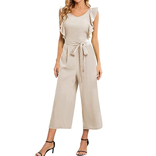 Jumpsuit Damen, Damen Jumpsuit Volant Ärmel V-Ausschnitt Overalls Lang Sommerhose mit Gürtel Einfarbig Elegant Romper Beiläufig Baggy Breites Bein Playsuit Cocktail Party Strampler von Generic