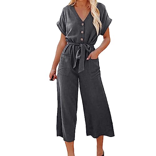 Jumpsuit Damen,Lang Elegant Overall Sommer V-Ausschnitt Kurzarm Hosenanzug Business Leicht Playsuit Casual Lose Overalls Lang Weites Bein Caprihose Romper Mit Taschen Und Gürtel von Generic