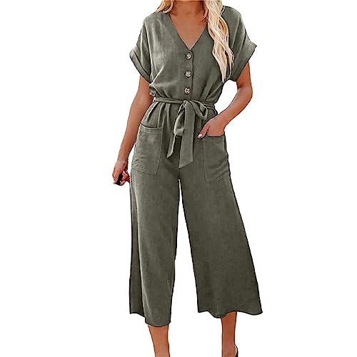 Jumpsuit Damen,Lang Elegant Overall Sommer V-Ausschnitt Kurzarm Hosenanzug Business Leicht Playsuit Casual Lose Overalls Lang Weites Bein Caprihose Romper Mit Taschen Und Gürtel von Generic