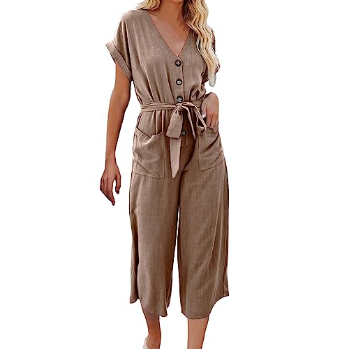 Jumpsuit Damen,Lang Elegant Overall Sommer V-Ausschnitt Kurzarm Hosenanzug Business Leicht Playsuit Casual Lose Overalls Lang Weites Bein Caprihose Romper Mit Taschen Und Gürtel von Generic