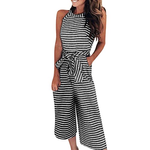 Jumpsuit Damen,Sommer Elegant Playsuit Ärmellos Neckholder Overall Weites Bein Hosenanzug Streifen Latzhose Casual Rompers Stretch Länge Capri Hosen Mit Taschen Und Gürtel Freizeitanzug von Generic