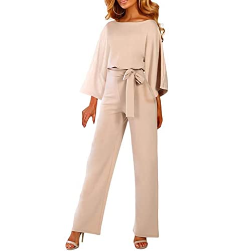 Jumpsuit Damen Casual Lose Lang Jumpsuit Sommer Elegant Einfarbig Overall Jumpsuits Kurzarm O-Ausschnitt Playsuit Romper Hosenanzug mit Gürtel(B Beige,S) von Generic