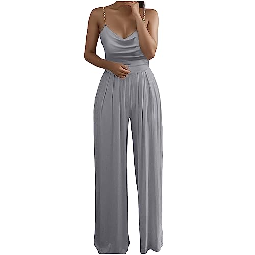 Jumpsuit Damen Elegant Ärmellos Hosenanzug Sommer Rundausschnitt Faltenjumpsuit von Generic