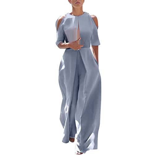 Jumpsuit Damen Elegant Einfarbig Overalls Damen Rundhals Halbarm Overall Hollow Out Schulterfrei Strampler Playsuit Lang Rompers mit Gürtel Cocktail Partykleid Hosenanzug Weite Beine Hose von Generic