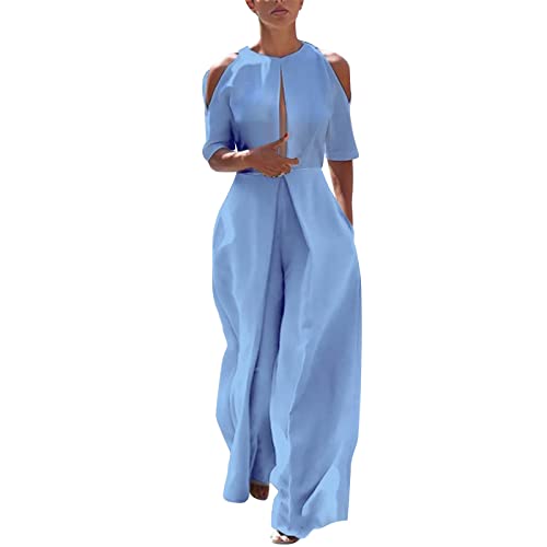 Jumpsuit Damen Elegant Einfarbig Overalls Damen Rundhals Halbarm Overall Hollow Out Schulterfrei Strampler Playsuit Lang Rompers mit Gürtel Cocktail Partykleid Hosenanzug Weite Beine Hose von Generic