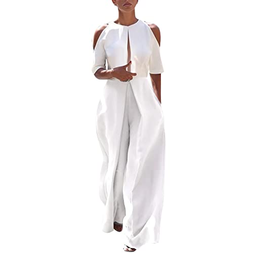 Jumpsuit Damen Elegant Einfarbig Overalls Damen Rundhals Halbarm Overall Hollow Out Schulterfrei Strampler Playsuit Lang Rompers mit Gürtel Cocktail Partykleid Hosenanzug Weite Beine Hose von Generic