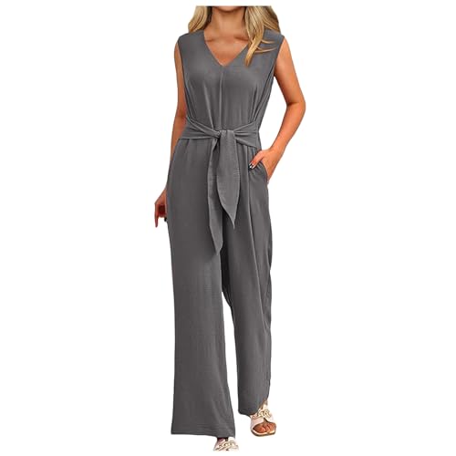 Jumpsuit Damen Elegant Festlich Lang Romper V-Ausschnitt ärmellos Tank Tops Sommer Hosenanzug Frauen Weites Bein Playsuit mit Schnüren Lose Overalls mit Tasche von Generic