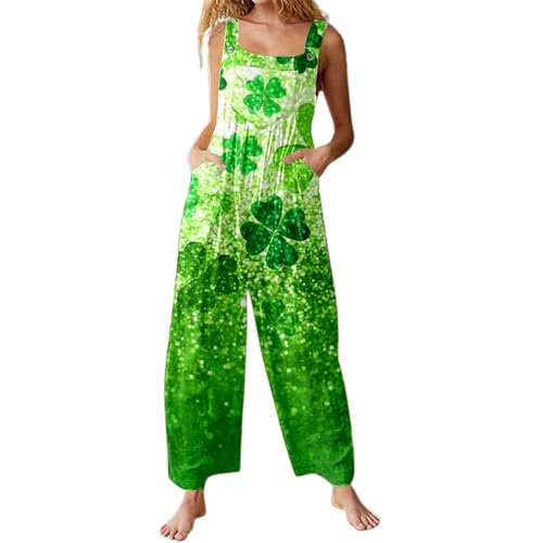 Jumpsuit Damen Elegant Kleeblatt Druck St Patricks Day Jumpsuit Spaghetti Jumpsuit Mit Taschen Racerback Strampler Rückenfrei Playsuit Kuschelig Latzhose Wide Leg Festlich Arbeitslatzhose Outfits von Generic