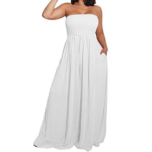 Jumpsuit Damen Elegant Schulterfrei Ärmellos Hosenanzug Sommer Einfarbig Bandeau Faltenjumpsuit Neckholder Overall Hohe Taille mit Breites Hosenbein Loose Lang Overall Romper(A Weiß,L) von Generic