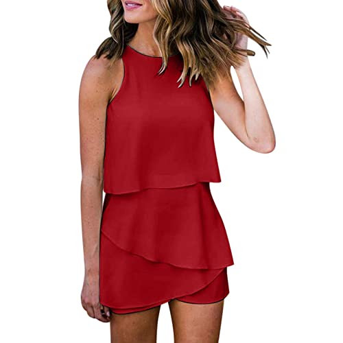 Jumpsuit Damen Elegant Sommer Ärmellos Overall mit Rüschen Frauen Oberteile Top und Kurze Hose (Rot, M) von Generic