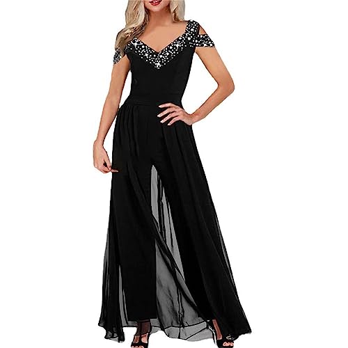 Jumpsuit Damen Elegant Zeremonie Jumpsuit Lang Breites Bein Hose Mit Langem Gürtel Elegant Ärmellos Jumpsuit Einteiler Einteiler Cocktail Abend Playsuit Overall Romper, 02 Schwarz, XXL von Generic