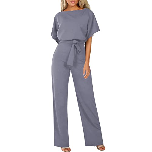 Jumpsuit Damen Elegant für Hochzeit Sommer Overall Kurzarm Lang Elegant Jumpsuits Hohe Taille Kurzarm Playsuit Romper O-Ausschnitt Hosenanzug Baggy Sommerhose Weites Bein Latzhose mit Gürtel von Generic