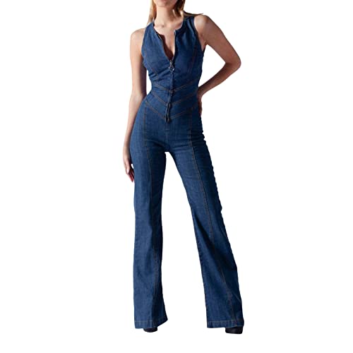 Jumpsuit Damen Eng Overall Damen Jeans Jumpsuit Jeanslatzhose Denim Neckholder Einteiler Rückenfrei Jumpsuits Stretch Kuschelig Playsuit Leicht Playsuits Elegant Sommeroveralls-Damenoveralls von Generic