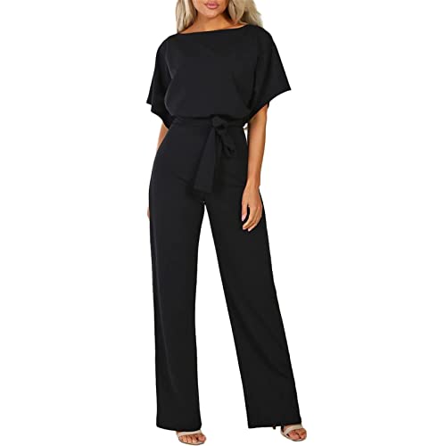 Jumpsuit Damen Jumpsuit Damen Kuschelig Hosenanzug Kurzarm Lang Jumpsuits Overall Jumpsuit O-Ausschnitt Playsuit Rückenfrei Sexy Hosen mit Gürtel Jumpsuit Women Overalls Schwarz L von Generic