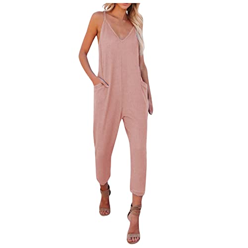 Jumpsuit Damen Kuschelig Lose Jumpsuit Langes Spielanzug Hose mit Großer Tasche Baumwolle Strampler Ärmellose Overalls Frauen V-Ausschnitt Romper Hosenträger Damen Jumpsuit pink M 02 von Generic