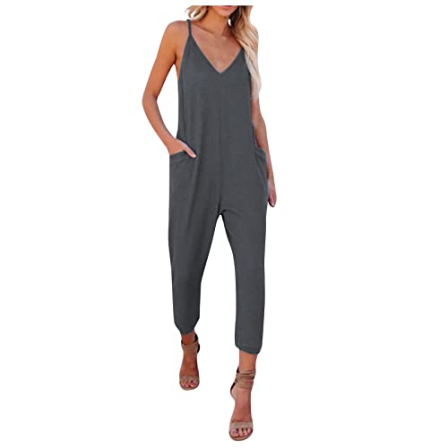 Jumpsuit Damen Kuschelig Lose Jumpsuit Langes Spielanzug Hose mit Großer Tasche Baumwolle Strampler Ärmellose Overalls Frauen V-Ausschnitt Romper Hosenträger Jumpsuit Damen Eng grau 3XL 02 von Generic