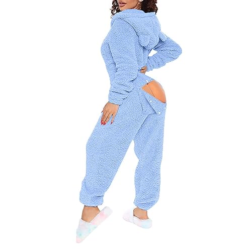 Jumpsuit Damen Kuschelig Mit Po Klappe - Overall Mit Ohren Offener Schritt Badysuit Sexy Fleece Schlafanzug Einteiler Flausching Pyjama Plüsch Onesie Festlich Freizeitanzug von Generic