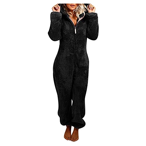 Jumpsuit Damen Kuschelig Schlafanzug Pyjama Hausanzug Schlafoverall Teddyfleece Einteiler Onesie Warmer Overall Loungewear Kawaii Kuschelanzug Schwarz 4XL von Generic