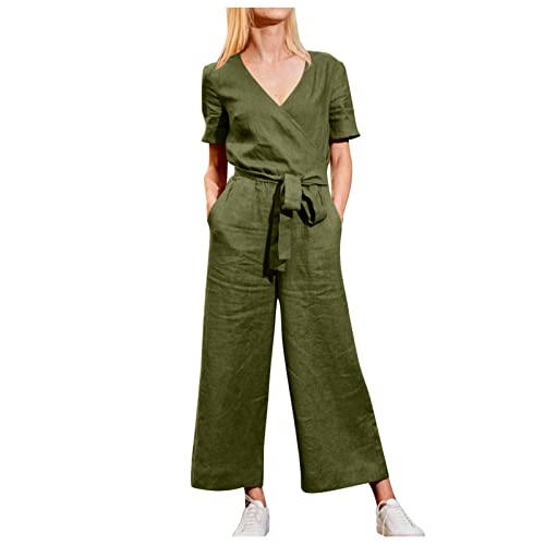 Jumpsuit Damen Sommer,Damen Jumpsuit Lang Retro Einfarbig Baumwolle Leinen Overall Playsuit mit Taschen Kurzarm V-Ausschnitt Breite Weites Bein Overall Romper mit Gürtel Sommer Elegant Strampler von Generic