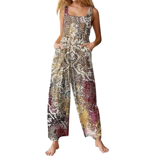 Jumpsuit Damen Sommer Blumenmuster Latzhose Casual Lose Overalls Weites Bein Playsuit Lang Romper mit Taschen,Gelb,L von Generic