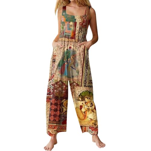 Jumpsuit Damen Sommer Blumenmuster Latzhose Casual Lose Overalls Weites Bein Playsuit Lang Romper mit Taschen,Gelb,XXL von Generic
