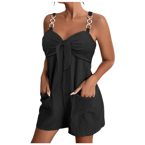 Jumpsuit Damen Sommer Elegant Kurz Romper V-Ausschnitt ärmellos Musselin Playsuit Mode Knoten vorne Overall Frauen Hosenanzug mit Tasche Festlich Urlaub Strand Outfit von Generic