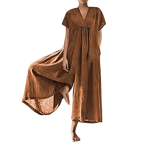 Jumpsuit Damen Sommer Große Größe Baumwolle Leinen Playsuit Mädchen Einfarbig Overall Sommer Strand Jumpsuits Elegant Overall Weite Bein Hosenanzug Loose Fit Baggy Playsuits von Generic