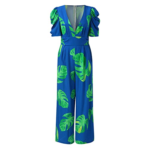 Jumpsuit Damen Sommer Hosenanzug mit V-Ausschnitt und Bowknot Gürtel Kurzarm Puffärmel Breites Hosenbein Sommer Hosenanzug Hawaii Einteiler Hohe Taille Lang Romper mit Taschen(B Grün,M) von Generic