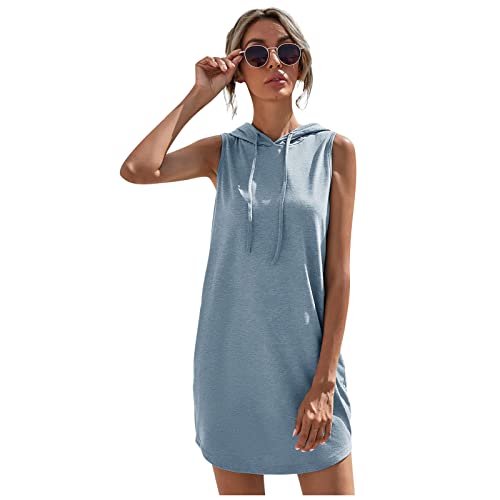 Jumpsuit Damen Sommer Tunika Damen Sommer Festliche Kleider für Damen Hochzeit Einfarbig Ärmellos Hoodies Sweatshirt Sommerkleid mit Kapuze Kordelzug Kurz Freizeitkleid T-Shirt Kleider (Hellblau, M) von Generic