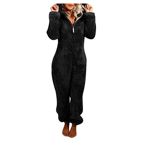 Jumpsuit Damen Teddy Fleece Einteiler Schlafanzug Overall Anzug Flauschig Winter Warm Onesie Plüsch Kuschelig Overall Hausanzug Lang Schlafoverall Weich Pyjama Schlafanzug mit Kapuze (03-Black, XL) von Generic