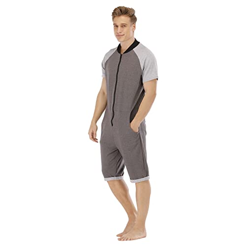 Jumpsuit Herren Kurz Sommer：Onesie Herren Kuschelig Einteiler Atmungsaktive Bodysuit Leichtes Sommerjumpsuit Mit Kordelzug Und Zip Freizeitanzug Fashion One Piece Strampler Kurzarmhemd Unterhemd von Generic