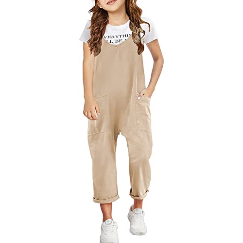 Jumpsuit Mädchen Lässige Ärmellos Loose Fit Strampler Kinder Sommer Casual Spaghetti-Träger Lockere Overalls Lange Hosen mit Tasche (Khaki, 10-11 Years) von Generic