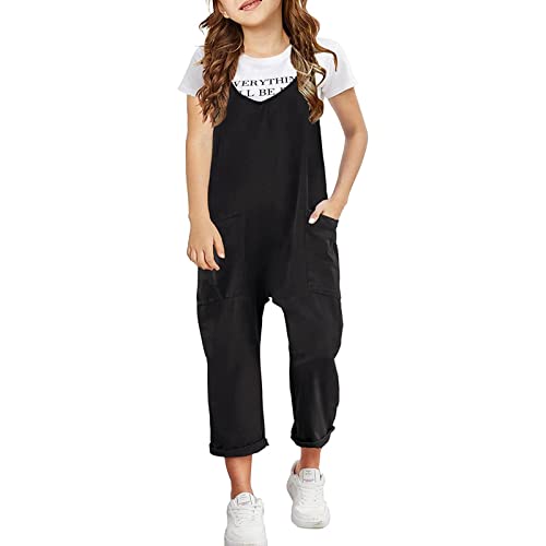 Jumpsuit Mädchen Lässige Ärmellos Loose Fit Strampler Kinder Sommer Casual Spaghetti-Träger Lockere Overalls lange Hosen mit Tasche (Schwarz, 10-11 Years) von Generic