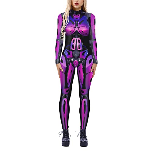 Jumpsuit Schlafanzug Damen - Damen Rollkragen-Simulation 3D-Druck-Roboter-Reißverschluss-Bodysuit Ganzkörper-Bodysuit-Halloween-Kostüm Schlafanzug Jumpsuit von Generic