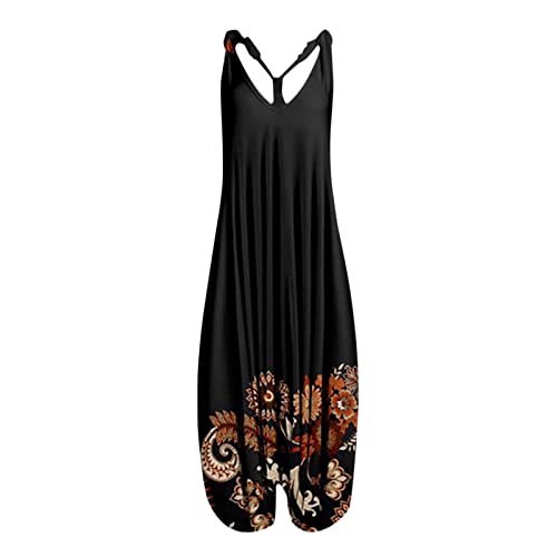 Jumpsuits Damen Sommer Baumwoll Leinenhose Årmellos Latzhosen Boho Drucken Muster Elegant Freizeithose Weites Bein Sommerhose Overall Lang Playsuit#58 von Generisch