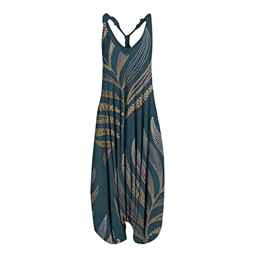 Jumpsuits Damen Sommer Baumwoll Leinenhose Årmellos Latzhosen Boho Drucken Muster Elegant Freizeithose Weites Bein Sommerhose Overall Lang Playsuit#96 von Generisch