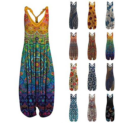 Jumsiuts Damen Sommer Kurz,Jumpsuits Für Damen Overall Damen Festlich Hochzeit Sommer Boho kurz Druck Overall Baggy Oversize Playsuit Aladinhose Ärmellos Vintage Jampsuit Damen Latzhose Sommer(Gelb,L) von Generic