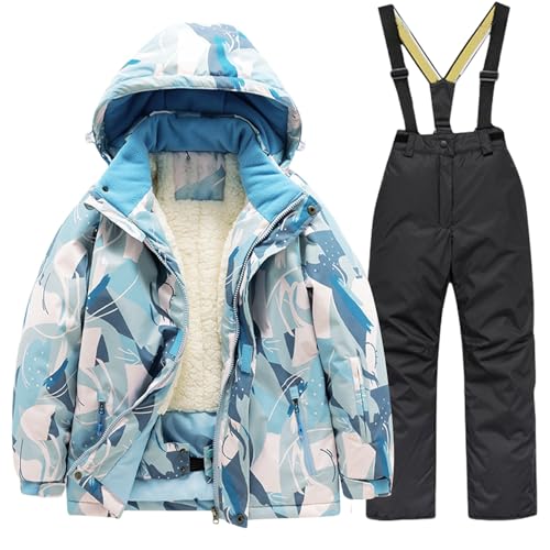 Junge Skianzug mit Kaputze Schneeanzug Kinder Verdickte Fleecegefüttert Skijacke + Skihose Zweiteiler Mädchen Wasserdicht Winddicht Skianzüge Daunenjacket (Black, 12) von Generic