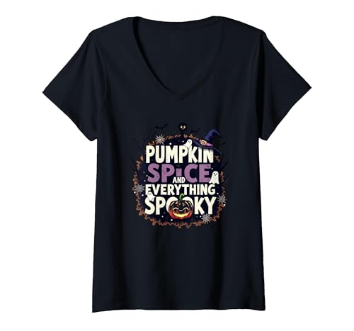 Jungen Halloween Kürbis Gewürz und Alles Gruselige T-Shirt mit V-Ausschnitt, Damen, Schwarz, M von Generic
