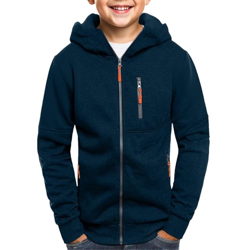 Jungen Kapuzenpullover mit Reißverschlüssen Baumwoll Sweatshirt Langarm Hooded Jacken Teenager Einfarbig Warme Zip Up Kapuzenjacke Kinder Winter Outdoor Sport Oberteile Tops (Navy, 16-17 Years) von Generic
