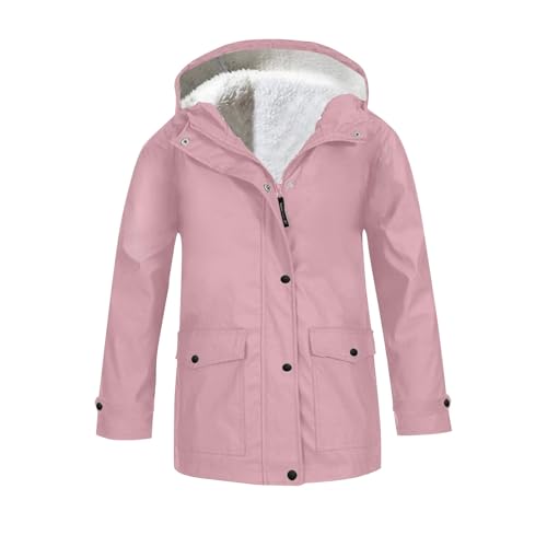 Jungen und Mädchen Regenjacke mit Fleecefutter Wasserdicht Windbreaker Leichte Regenjacken Regenmäntel für Kinder Durchgehender Reißverschluss Kapuzenpullover Oberbekleidung (Pink, 11-12 Years) von Generic
