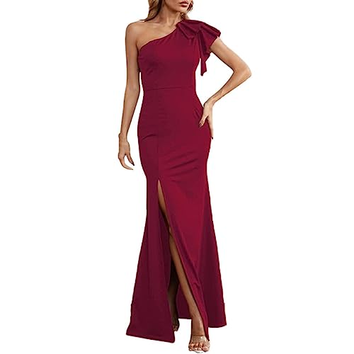 KIMODO Damen Abendkleid, Mode Frauen Sommer Solid One Shoulder Strapless Rüschen Ärmellos Split Kleid Elegant Lange Abendkleider Für Cocktail Party Hochzeit（Rot，S） von Generic