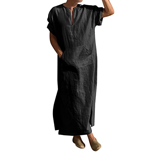 Kaftan Herren Baumwolle Leinen Sommer Cool Jilbab Herren Muslim Robe Gebetskleidung für Männer Islamische Kleidung Thobe Marokkanische Afghanische Arabische Kleidung Herren Tunika Abaya von Generic